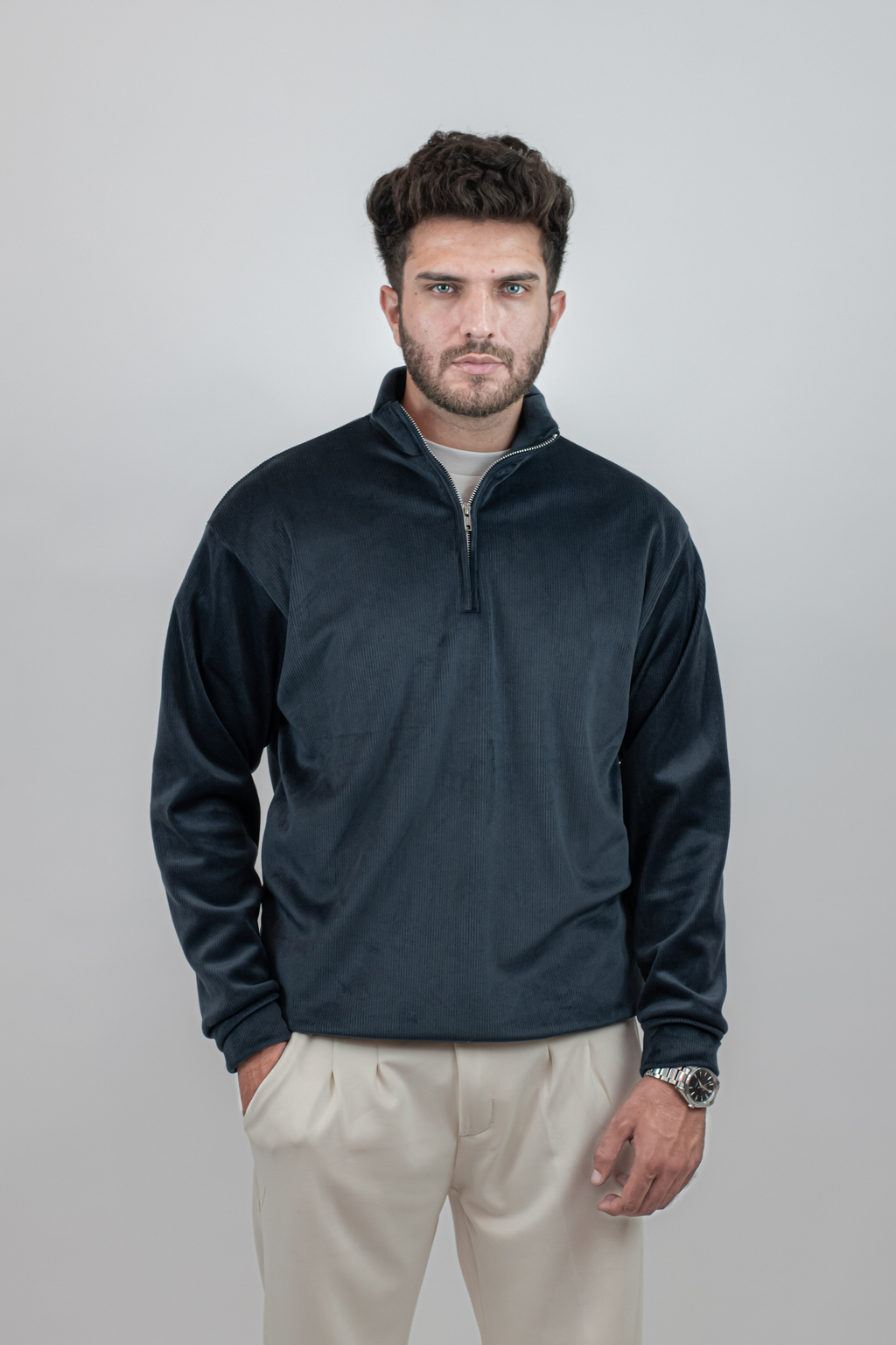 Corduroy Quater Zip Sweater (Blue)