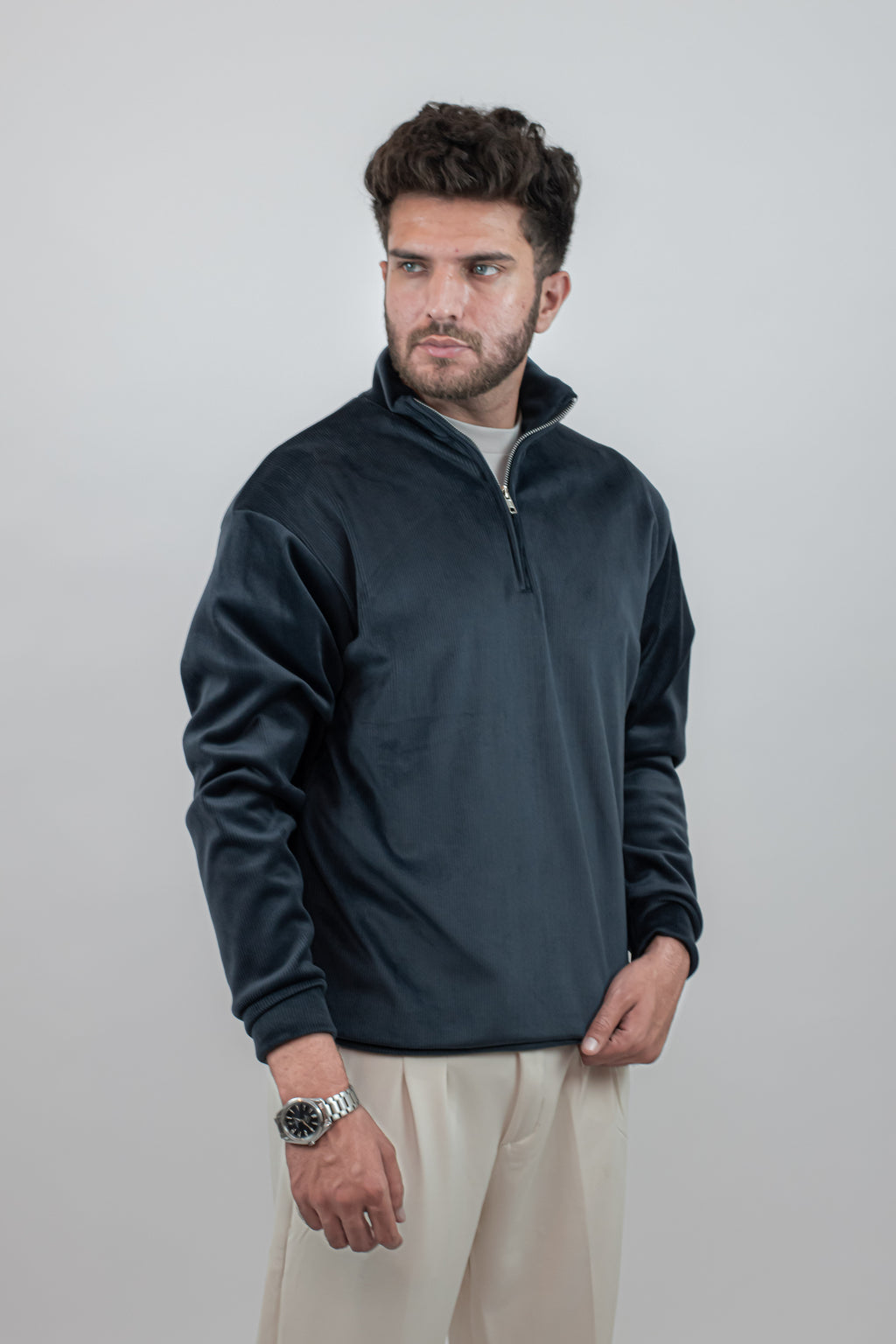 Corduroy Quater Zip Sweater (Blue)