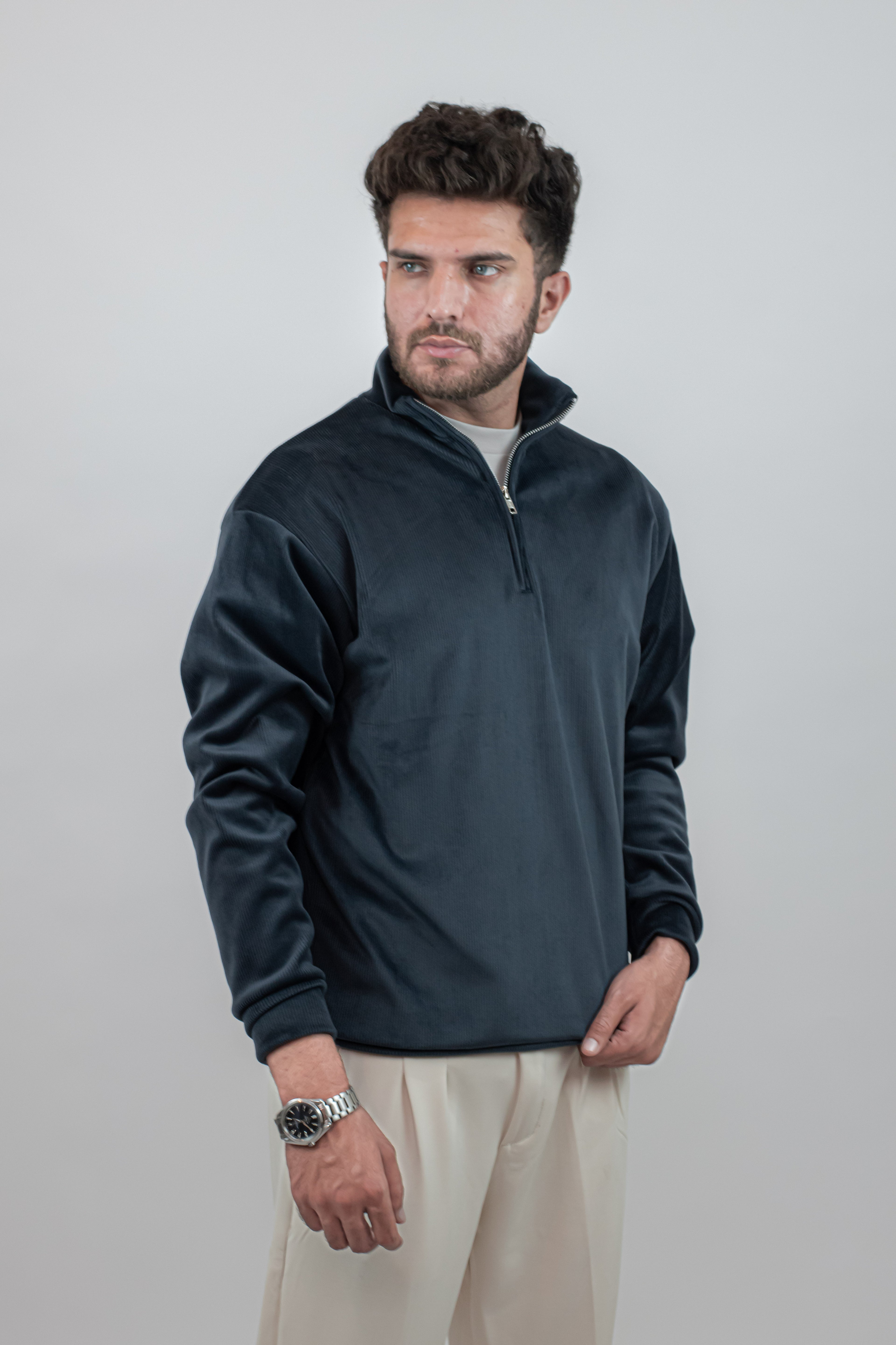 Corduroy Quater Zip Sweater (Blue)