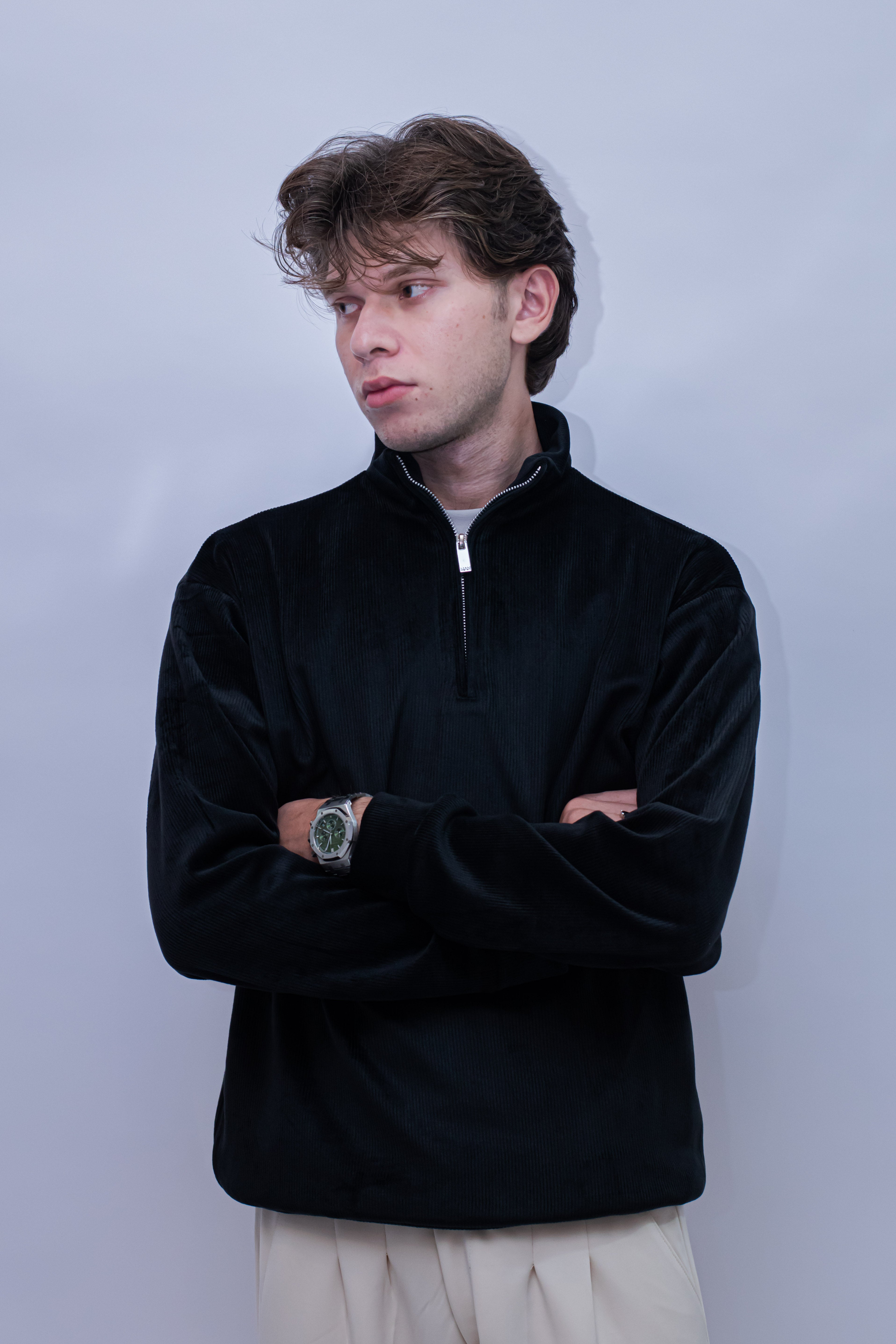 Corduroy Quater Zip Sweater (Black)