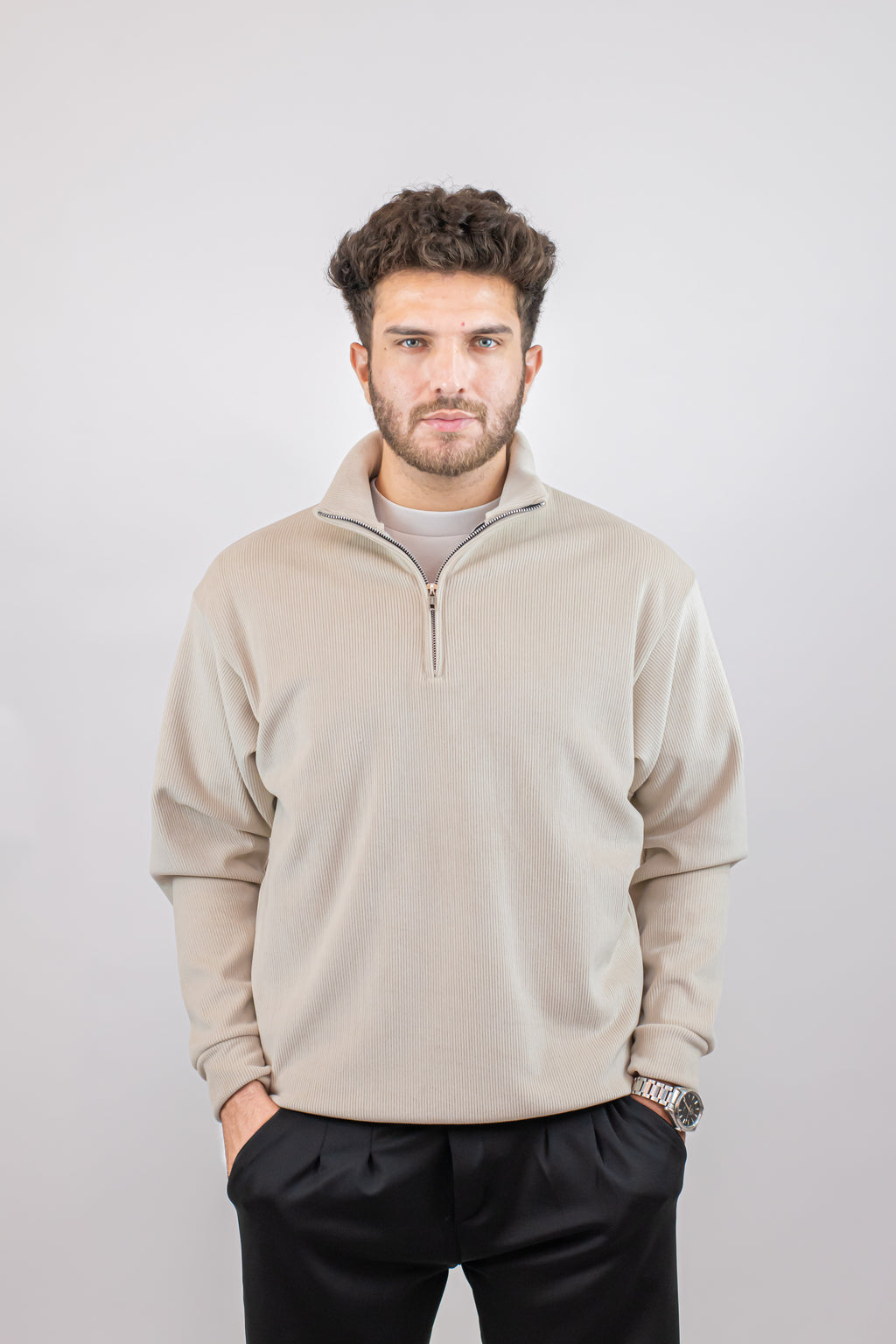 Corduroy Quater Zip Sweater (Beige)