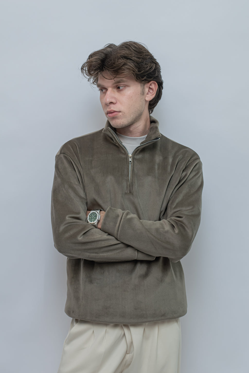 Corduroy Quater Zip Sweater (Olive)