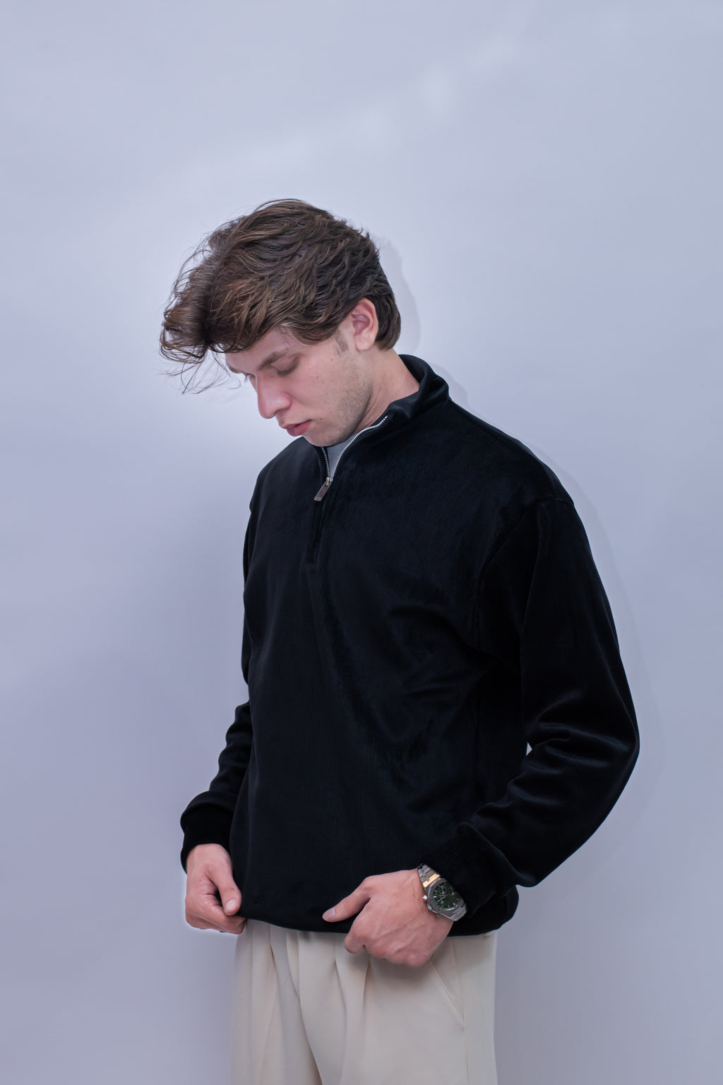 Corduroy Quater Zip Sweater (Black)