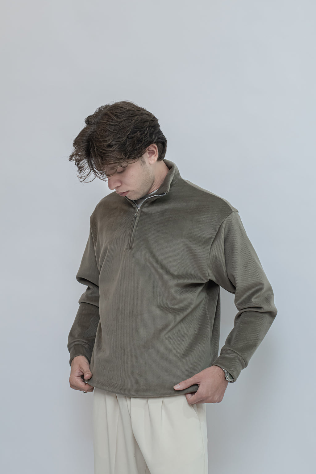 Corduroy Quater Zip Sweater (Olive)