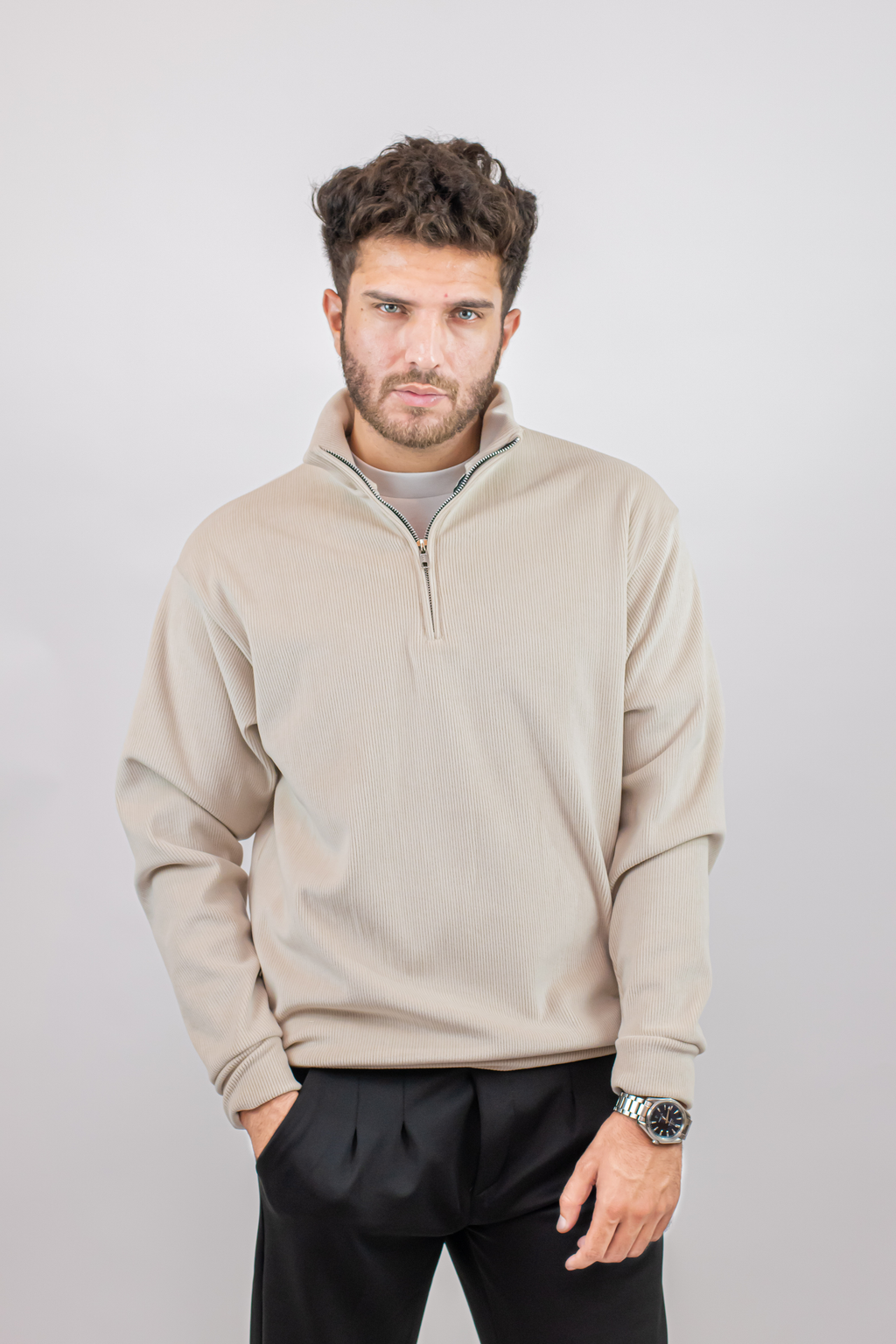 Corduroy Quater Zip Sweater (Beige)