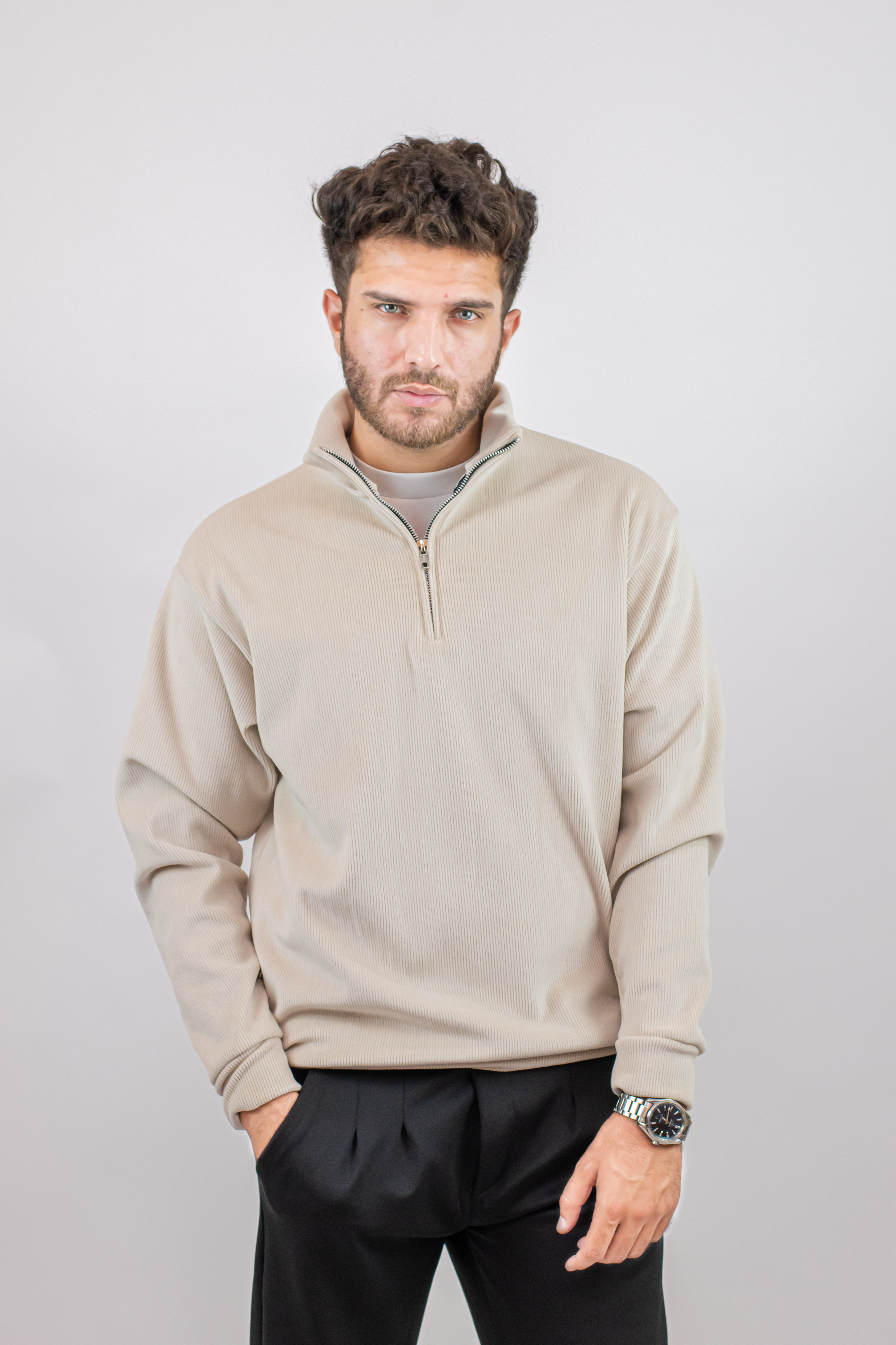 Corduroy Quater Zip Sweater (Beige)
