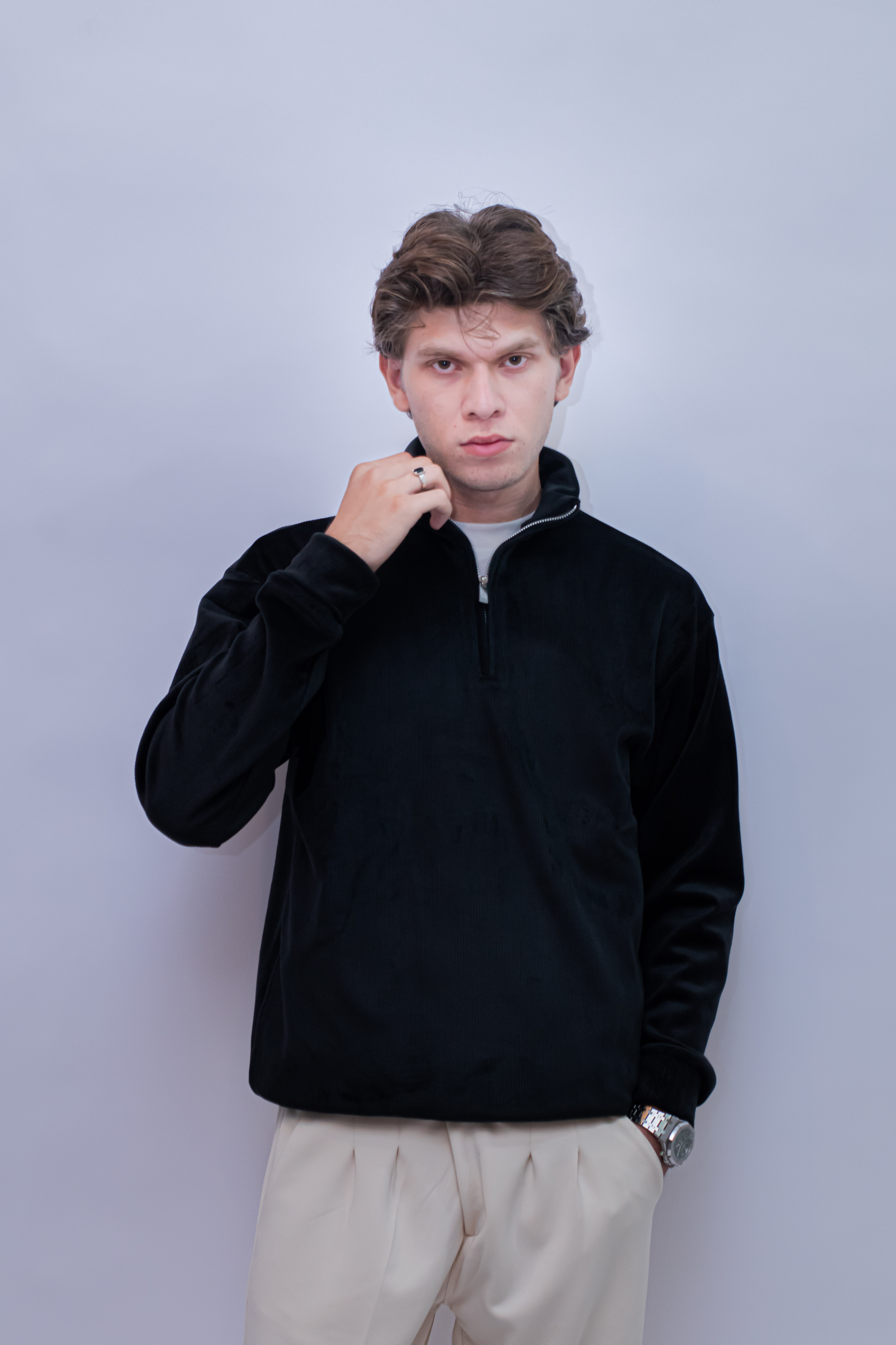 Corduroy Quater Zip Sweater (Black)