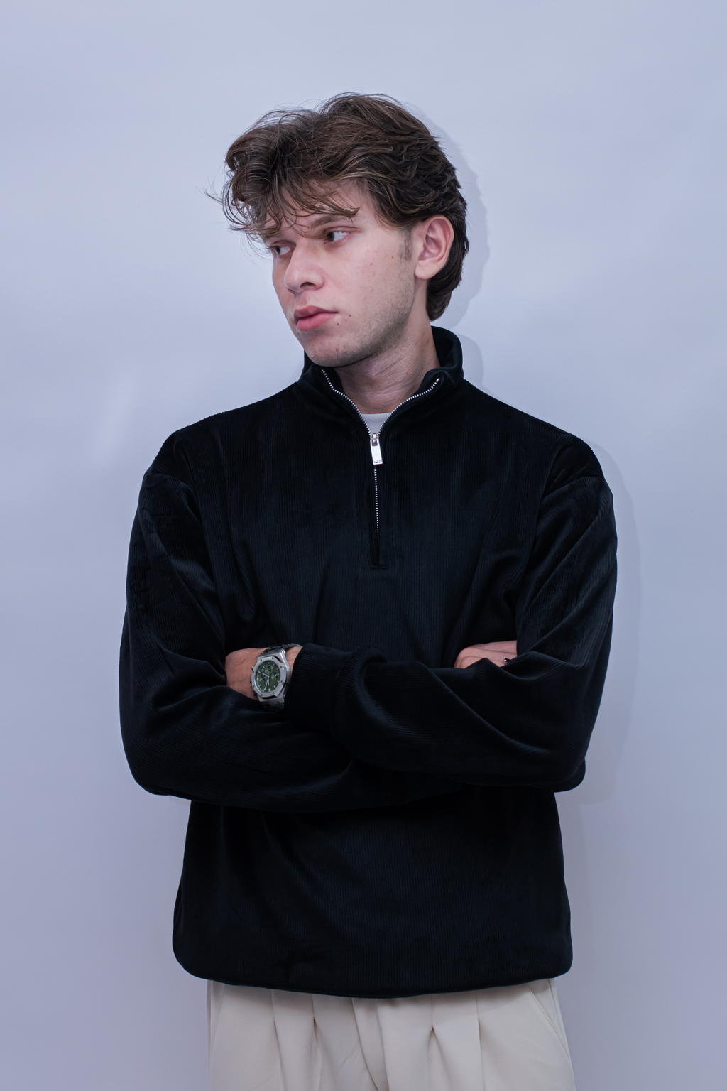 Corduroy Quater Zip Sweater (Black)